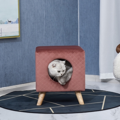 PawHut Birch Wood Upholstered Small Pets Dome Bed Brick Red