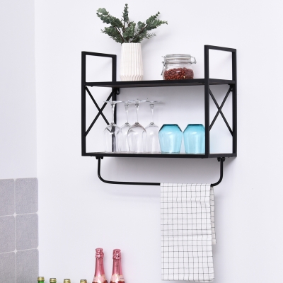 HOMCOM 2-Tier Wall Shelf Metal Frame Wood Shelves Bottom Rail Storage Rack Home Natural