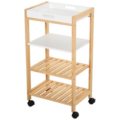 HOMCOM Pine Wood 4-Tier Kitchen Trolley White