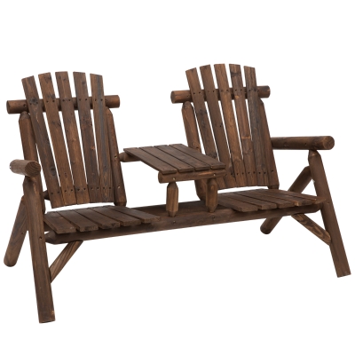 Outsunny Wood Patio Chair Bench 2 Seats w/ Center Coffee Table, Garden Bench, Carbonized