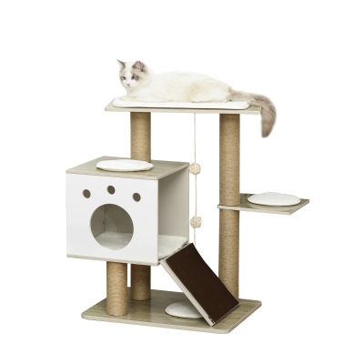 PawHut Cat tree Tower Climbing Activity Center w/ Ramp Cushion Hanging Ball Light Grey