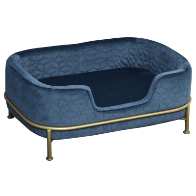 PawHut Velvet Upholstered Elevated Small Pet Bed Blue/Gold