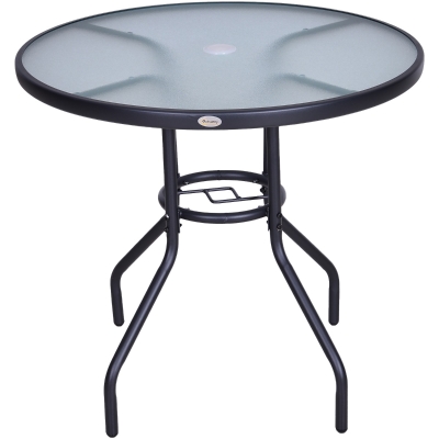 Outsunny Round Outdoor Dining Table, Tempered Glass Top Steel W/Parasol Hole, Ф80x72Hcm-Black