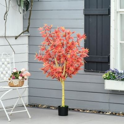 HOMCOM Artificial Realistic Red Maple Tree Faux Decorative Plant in Nursery Pot for Indoor Outdoor Décor, 135cm