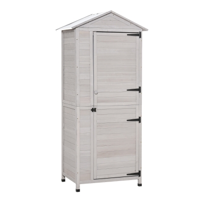 Outsunny Wooden Garden Cabinet 4-Tier Storage Shed w/ Hook Foot Pad Light Grey