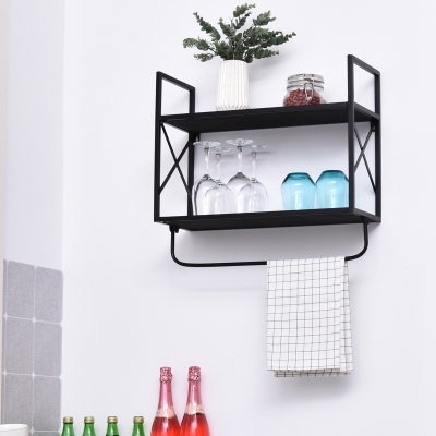 HOMCOM 2-Tier Wall Shelf Metal Frame Wood Shelves Bottom Rail Storage Rack Home Grey