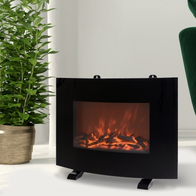 HOMCOM Electric Heater Freestanding Wall-Mountable Fireplace LED Flame Effect w/ Timer Remote 750w/1500W Tempered Glass Casing