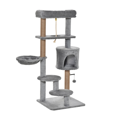 PawHut Cat Tree Tower w/ Scratching Post Hammock Hanging Ball Condo Teasing Rope