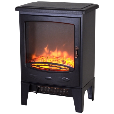 HOMCOM Electric Heater Freestanding Fireplace Artificial Flame Effect w/ Safety Thermostat 950w/1850W Tempered Glass Casing-Black