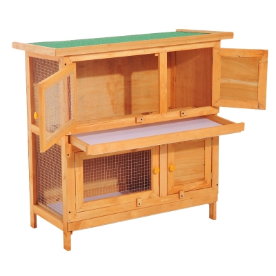 Pawhut 90cm 2 Tiers Double Decker Wooden Rabbit Hutch Pet Cage