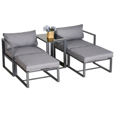 Outsunny 5 Piece Garden Conversation Set Sun Lounger 2 Footstools End Table with Cushions
