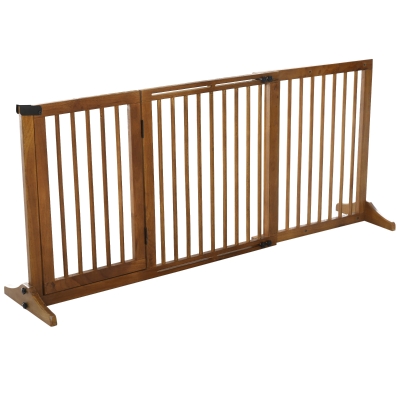 PawHut Pine Wood Freestanding 3-Panel Pet Gate Brown