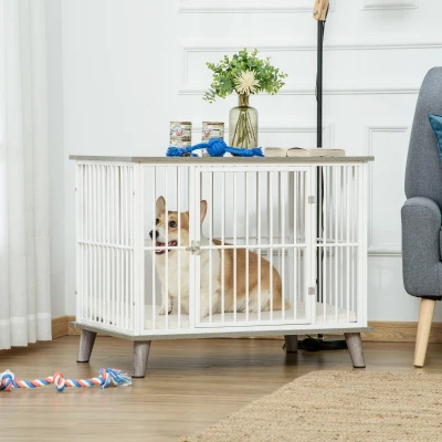 PawHut Dog Crate, Pet Cage Kennel, with Soft Cushion, Wooden Top, for Small Medium Dogs, Indoor Use, Grey