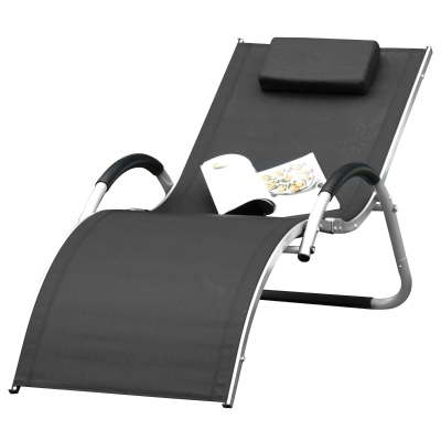 Outsunny Ergonomic Lounger Chair Portable Armchair with Removable Headrest Pillow for Garden Patio Outside All Aluminum Frame Black