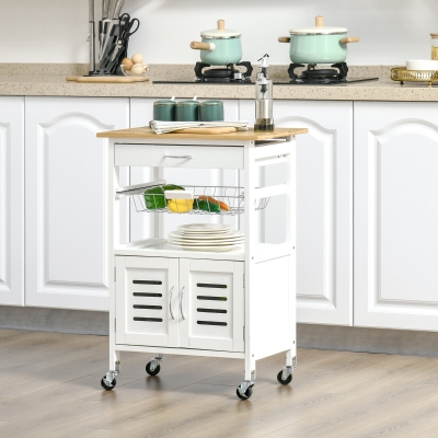 HOMCOM Carrinho de Cozinha com Rodas Carro de Armazenamento Multiúso com Bancada de Bambu Gaveta Cesta Metálica e Armário de 2 Portas de Persiana 58x37x83cm Branco