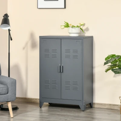 HOMCOM Armário de Metal de Armazenamento com Dupla Porta 2 Prateleiras com Altura Ajustável Armário Multiúso para Escritório Dormitório Garagem 75x33x110cm Cinza