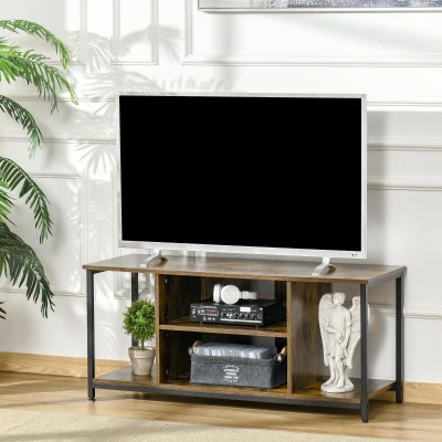 HOMCOM Móvel de TV até 55 Polegadas Móvel de TV Estilo Industrial com 4 Compartimentos Prateleira Ajustável e Orifício para Cabos 110x40x50cm Castanho Rústico