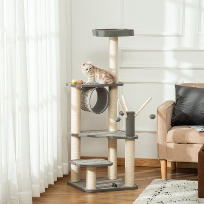 PawHut Árvore para Gatos Grande Torre de Escalar com Múltiplas Plataformas Cama Superior Túnel Postes de Arranhar de Sisal Natural e Brinquedos 49x49x130 cm Bege e Cinza