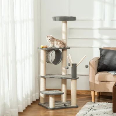 PawHut Árvore para Gatos Grande Torre de Escalar com Múltiplas Plataformas Cama Superior Túnel Postes de Arranhar de Sisal Natural e Brinquedos 49x49x130 cm Bege e Cinza