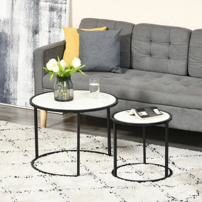 HOMCOM Conjunto de 2 Mesas Auxiliares Redondas Empilháveis Mesa de Centro Modernas com Bancada em Efeito de Mármore e Estrutura de Aço Ø60x46cm e Ø40x40cm Branco