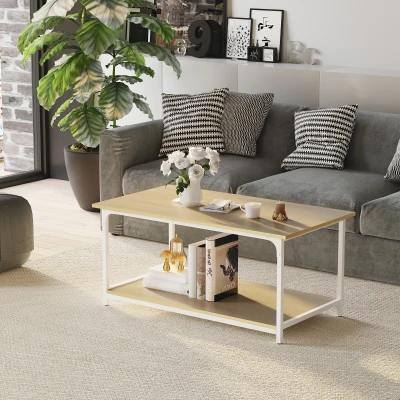 HOMCOM Mesa de Centro para Sala de Estar Moderna Mesa de Centro com Prateleira de Armazenamento Pés Ajustáveis e Estrutura de Aço para Escritório 100x54x45,8cm Natural