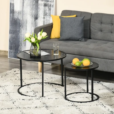 HOMCOM Conjunto de 2 Mesas Auxiliares Redondas Empilháveis Mesa de Centro Modernas com Bancada em Efeito de Mármore e Estrutura de Aço Ø60x46cm e Ø40x40cm Preto