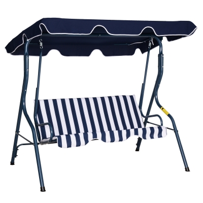 Outsunny Baloiço de Jardim de 3 Lugares com Estrutura de Metal Almofada Toldo Ajustável Balcão Terraço Patio Carga Máx. 200kg 170x110x153cm Azul e Branco