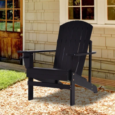 Outsunny Outdoor Classic Wooden Adirondack Deck Chair with Cup Holder - Black