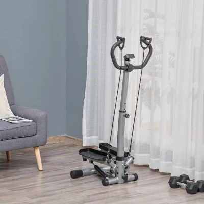 HOMCOM Máquina de Step Fitness com Guiador Ajustável em Altura Tela LCD Bandas Elásticas Pedais Antiderrapantes Equipamento de Exercício para Academia em Casa 55x53x118-128cm Prata