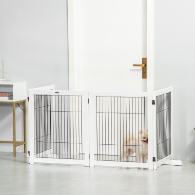 PawHut Barreira de Segurança Dobrável para Cães Barreira de Proteção com 4 Painéis para Animais de Estimação com Pés para Portas Escadas Corredores 264x35,5x77cm Branco
