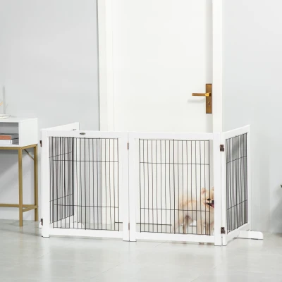 PawHut Barreira de Segurança Dobrável para Cães Barreira de Proteção com 4 Painéis para Animais de Estimação com Pés para Portas Escadas Corredores 264x35,5x77cm Branco