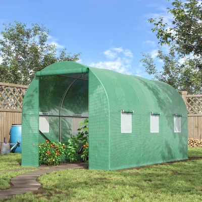 Outsunny Estufa Tipo Túnel 400x200x200cm Estufa de Túnel com Portas Enroláveis e 6 Janelas Cobertura de PE 140 g/m² Estrutura de Metal para Cultivo de Plantas Verduras Verde
