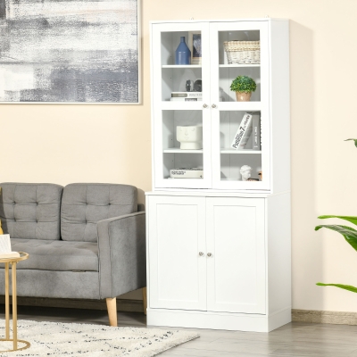 HOMCOM Modern Bookcase with Glass Doors, Display Storage Cabinet with Adjustable Shelves for Living Room, Study, Office, White