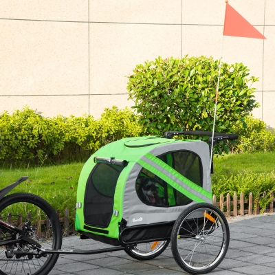 PawHut Reboque de Bicicleta para Cães 2 em 1 Transporte para Animais de Estimação com Porta Enrolável Janelas Cinto de Segurança Bandeira e 6 Refletores 140x72,5x108 cm  Verde