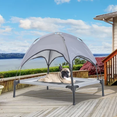 PawHut Raised Dog Bed Waterproof Elevated Pet Cot with Breathable Mesh UV Protection Canopy Grey, for Medium Dogs, 76 x 61 x 73cm