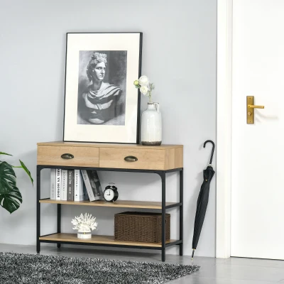 HOMCOM Mesa Consola Mesa de Entrada Estreita com 2 Gavetas e 2 Prateleiras de Armazenamento Estrutura de Aço para Corredor Entrada Sala de Estar 100x35x79,5cm Carvalho e Preto