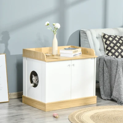PawHut Casa para Gatos de Madeira Móvel Caixa de Areia para Gatos 2 em 1 com Bancada de Armazenamento Dupla Porta e Orifício de Entrada Lateral 75x53x67cm Branco e Carvalho