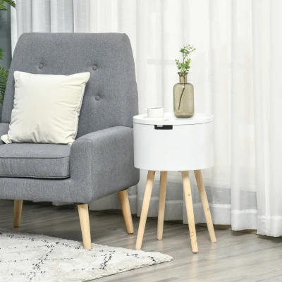HOMCOM Mesa de Apoio com Tampa Removível Espaço de Armazenamento e Pés de Madeira Ø38x63cm Branco