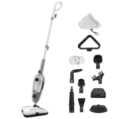 HOMCOM Mopa a Vapor 1300W Limpador a Vapor Multifuncional com Depósito de 450ml e 11 Acessórios Incluídos Aquecimento em 20-30 Segundos 28x21x112cm Cinza e Branco
