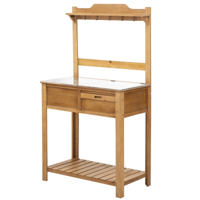 Outsunny Wooden Spacious Garden Potting Table with Large Storage Space Galvanized Metal Workstation Sink Shelves and Hooks Garden Work Bench 80L x 42W x 142H cm