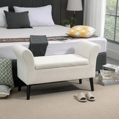 HOMCOM Banco para Pé de Cama Estofado em Veludo Banco de Armazenamento Acolchoado com Tampa Apoio para os Braços Pés de Madeira para Dormitório Sala de Estar 111,5x41x65cm Branco Creme