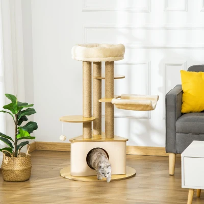 PawHut Árvore Arranhadora para Gatos Ø60x99 cm com Caverna Triangular de Feltro Removível Rede Cama Lavável Postes Arranhador de Juta e Bola Suspensa Bege e Natural