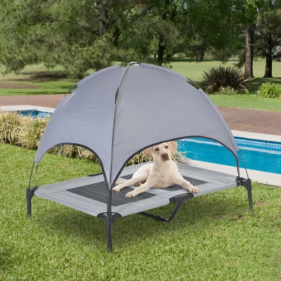 PawHut 92 cm Elevated Portable Dog Cot Cooling Pet Bed with UV Protection Canopy Shade