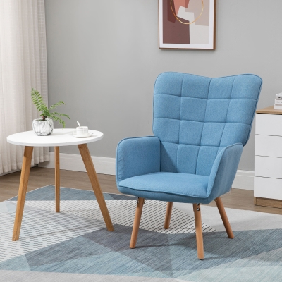 HOMCOM Poltrona de Sala de Estar Moderna Poltrona com Encosto Alto Apoio para os Braços Tecido de Linho e Pés de Madeira de Faia para Sala de Jantar Cozinha 71x76x101cm Azul