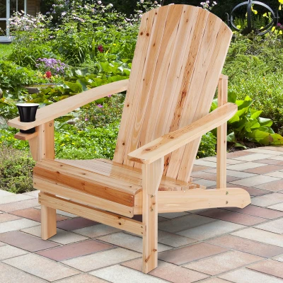 Outsunny Outdoor Classic Wooden Adirondack Deck Chair with Cup Holder - Natural Wood