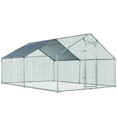 PawHut Galinheiro de Exterior Grande 3x4x1,95cm Gaiola de Metal Galvanizado para Galinhas Coelhos Aves com Fechadura e Cobertura de Tecido de Oxford Prata