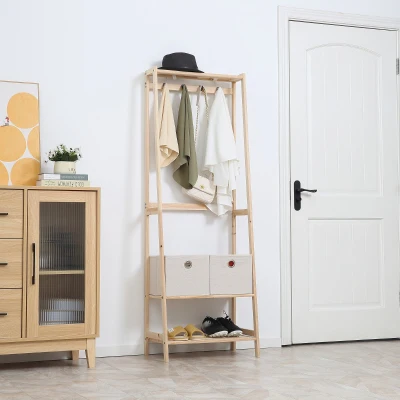 HOMCOM Suporte para Cabides de Madeira 2 Prateleiras Cabide com 2 Gavetas de Tecido 4 Ganchos e Barra para Pendurar 58x36x168cm Madeira