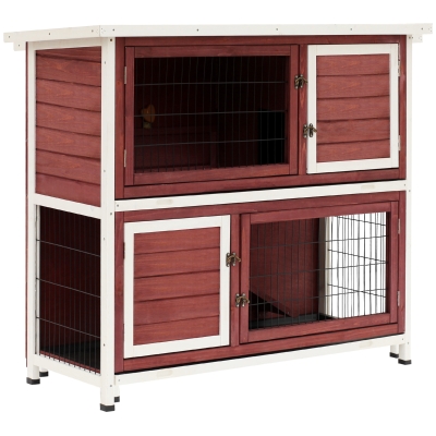 PawHut Clapier à lapin cage à lapin 2 étages trappe de séparation amovible sapin rouge brique blanc