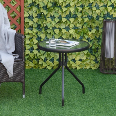 Outsunny Mesa de Jardim Redonda Mesa de Exterior com Bancada de Cristal Decorativo e Estrutura de Metal para Pátio Terraço Balcão Ø50x55 cm Preto
