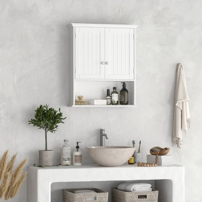 Kleankin Armário Casa de Banho com 2 Portas Prateleira Interior Ajustável e Compartimento Aberto Móvel Auxiliar Suspenso Multiúso para Cozinha 60x20x70,5cm Branco